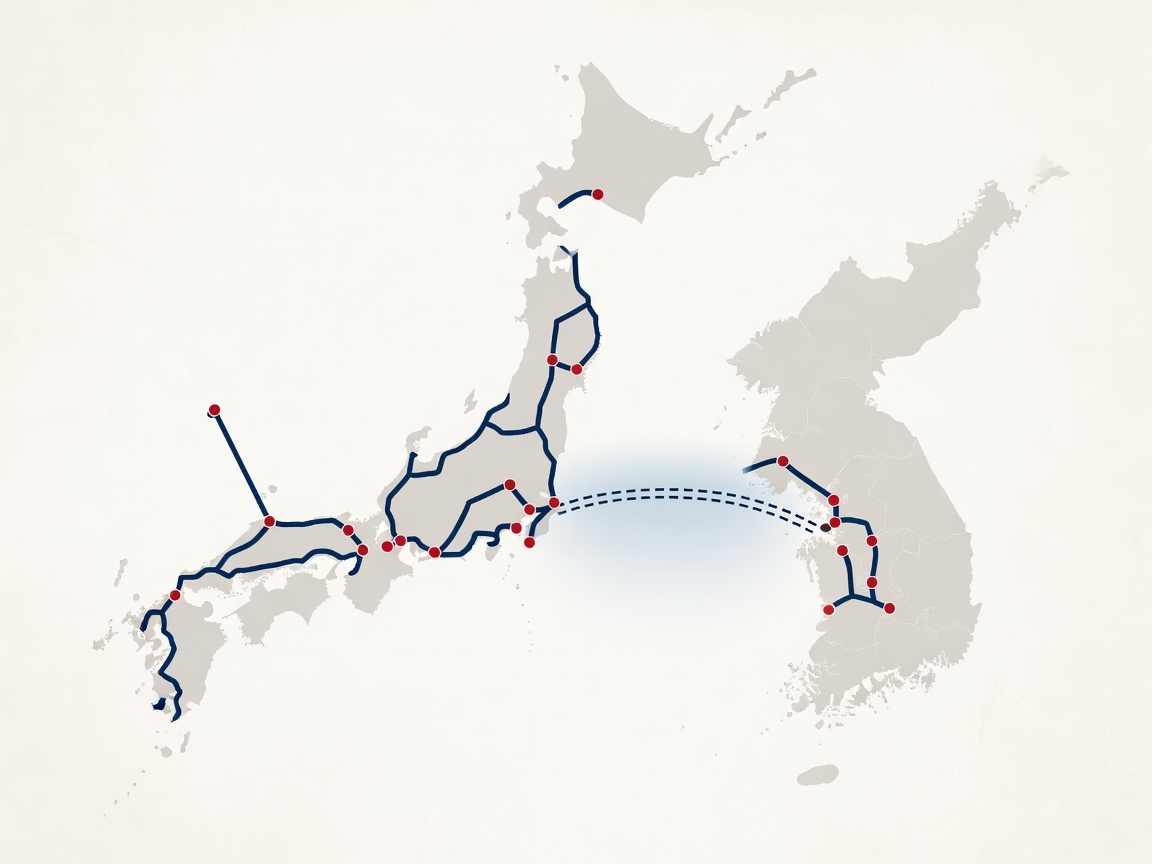 Rail route diagram connecting Japan and South Korea cities